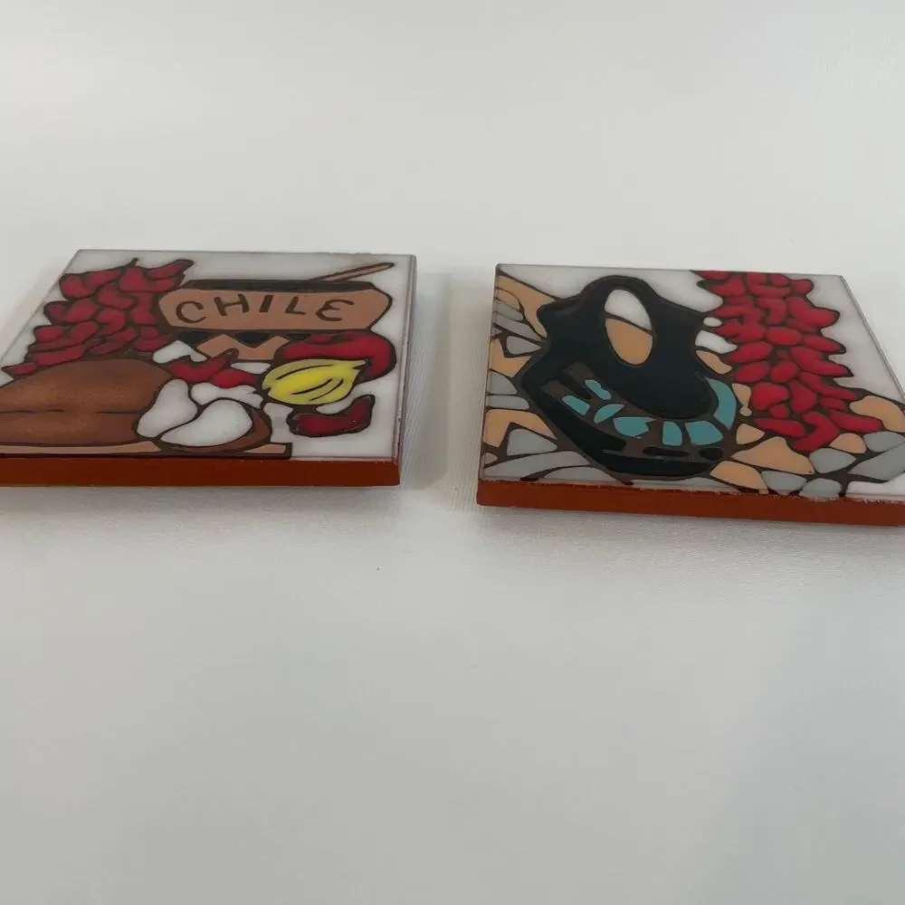 Set of 2 Mag Mor 4x4 Handpainted Vintage Chili Art Tiles Santa Fe NM Made in USA - Picture 3 of 9